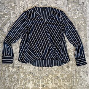 Halogen navy blue and white striped top with layered front